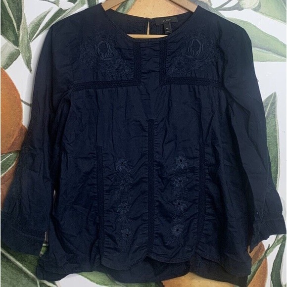 J Crew 4P Keyhole Back Embroidered Navy Blue 3/4 Sleeves Blouse Cotton - Picture 1 of 6